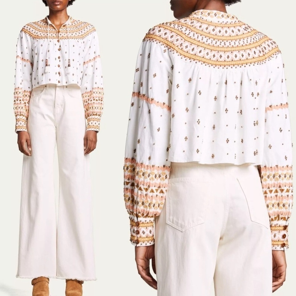 Veronica Beard Fernanda Embellished Beaded Linen Blend Crop Jacket Sz L
